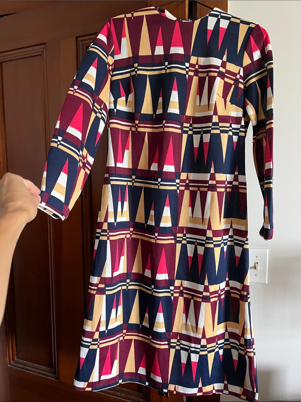 Vintage Geometric Print Midi Dress in Burgundy, Navy & Gold Polyester size 6/8